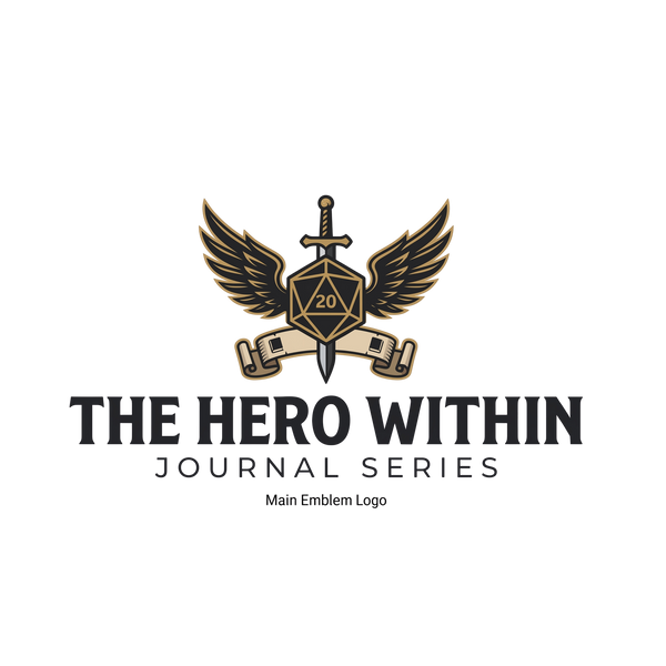 A centered logo-style graphic on a light gray background featuring a winged dagger over a 20-sided die and scroll, with the text 'THE HERO WITHIN JOURNAL SERIES' and smaller 'Main Emblem Logo' below.