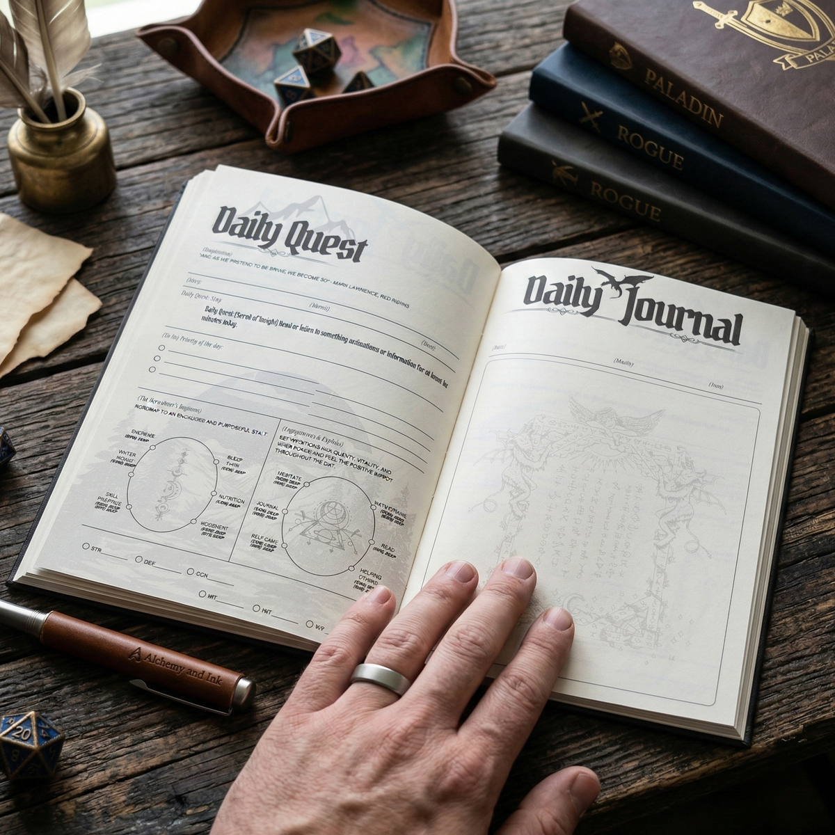 An open Daily Journal with printed quest and character pages, resting on a rustic wooden table. A hand with a silver ring holds the journal open.