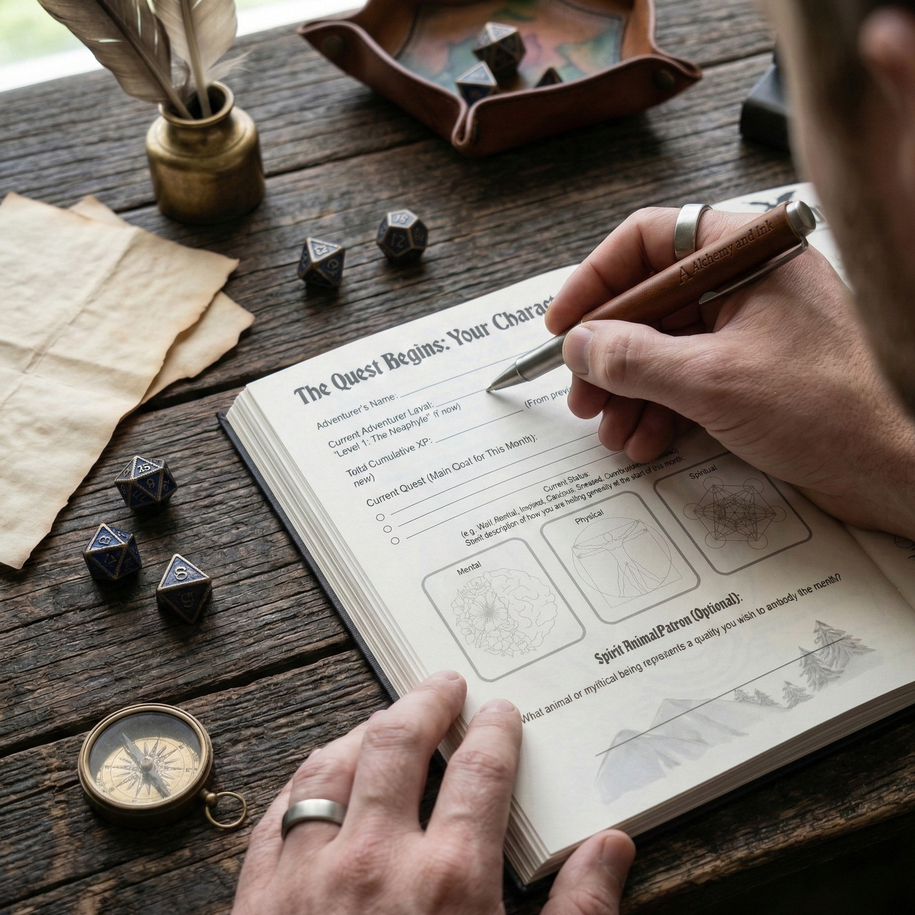 A close-up lifestyle shot of a person's hands writing in a fantasy character journal on a rustic wooden table, surrounded by gaming accessories like dice, a compass, and parchment.